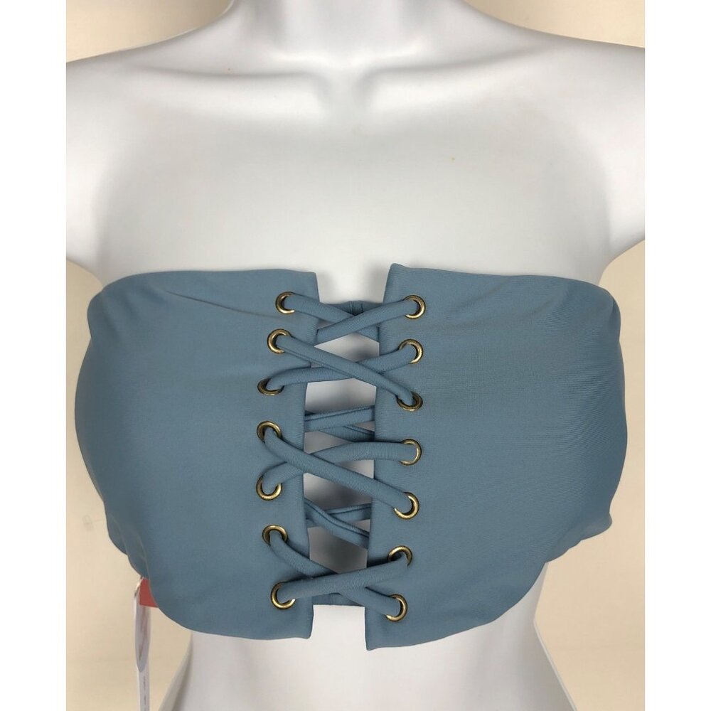 Pily Q Bandeau Swim Top Size L Sky Blue Lace Up Front Strapless New with Tags